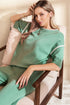 Contrast Trim Textured Knit Half Sleeve Drop Shoulder Drawstring Waist Wide Leg Two Piece Pant Set